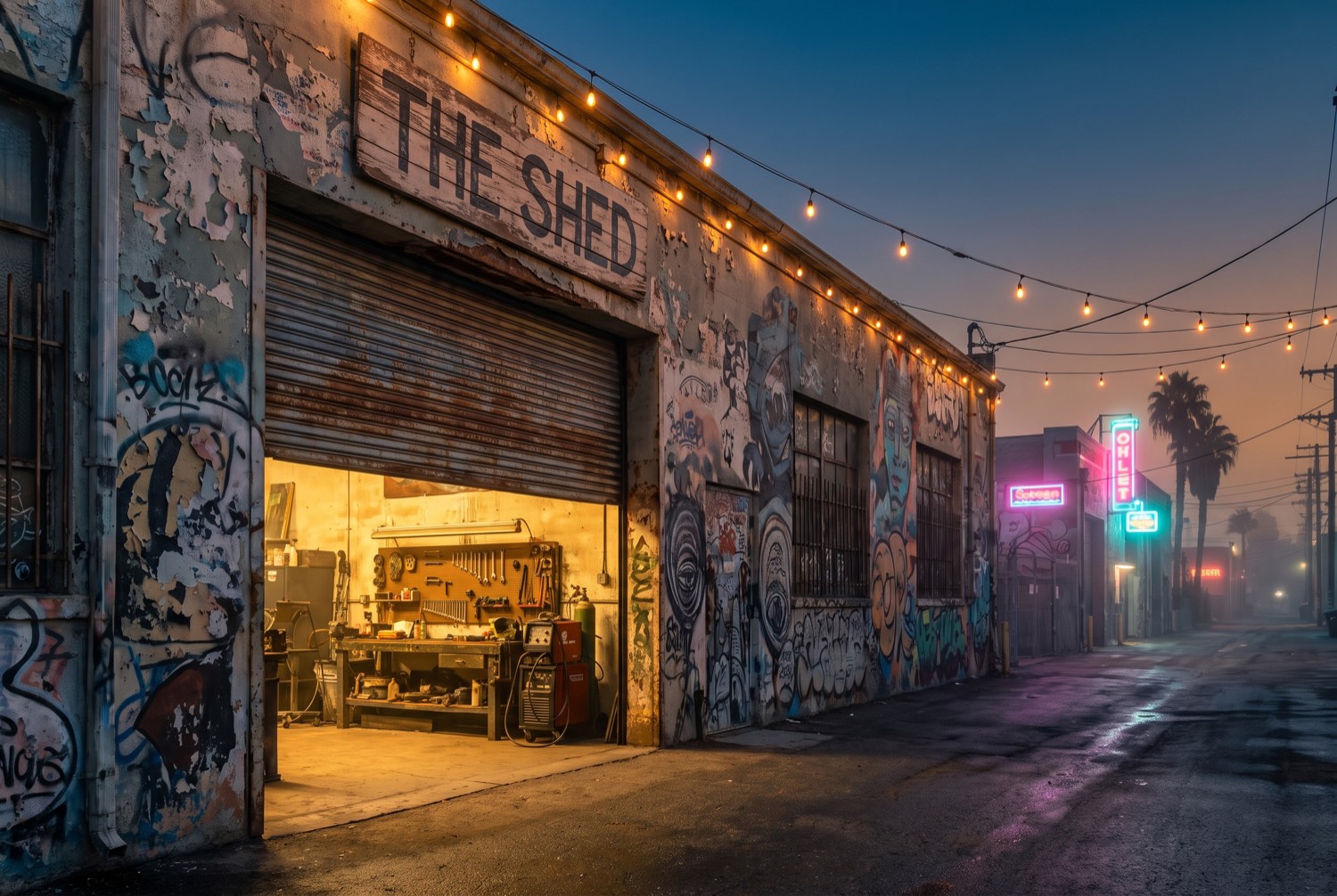 The Shed, Team Simulation's garage headquarters in Eastside, at night